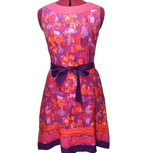 Appraisal Vintage Style Pink Orange A-line Belted Midi Dress Size 6